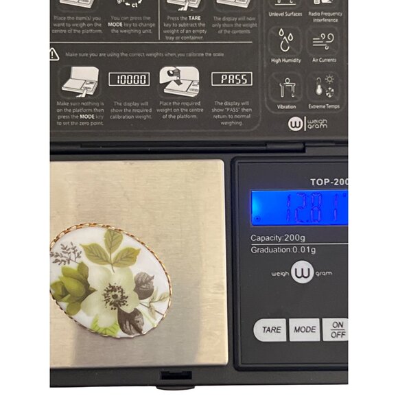 Vintage Ceramic Transferware Brooch Pin Green Black Flower Oval Gold Tone Estate - Picture 6 of 6